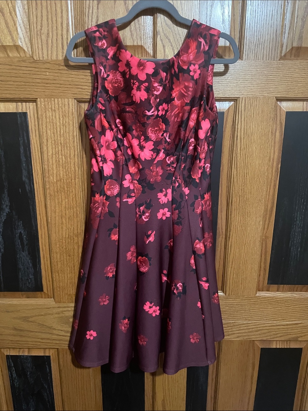 Danny & Nicole Floral Fit-and-Flare Dress in Burgundy and Pink